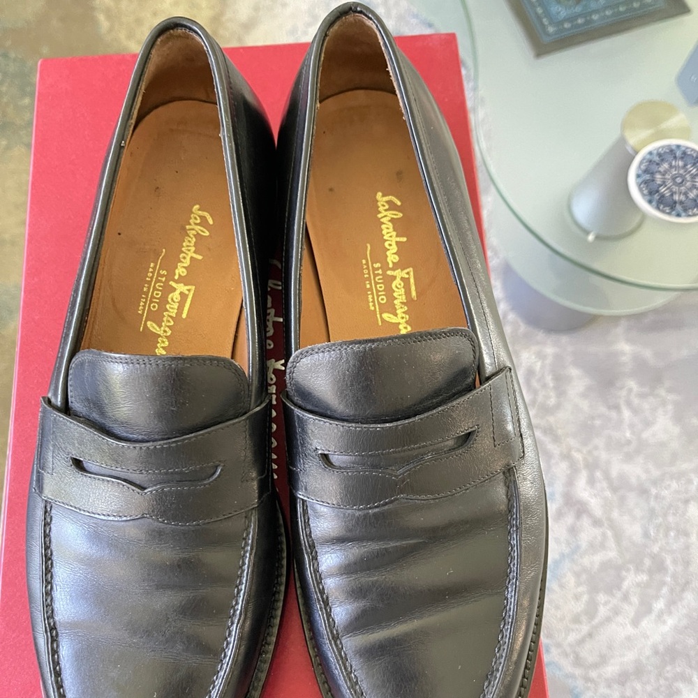 Salvatore Ferragamo Black Leather Penny Loafers with Tan Insole